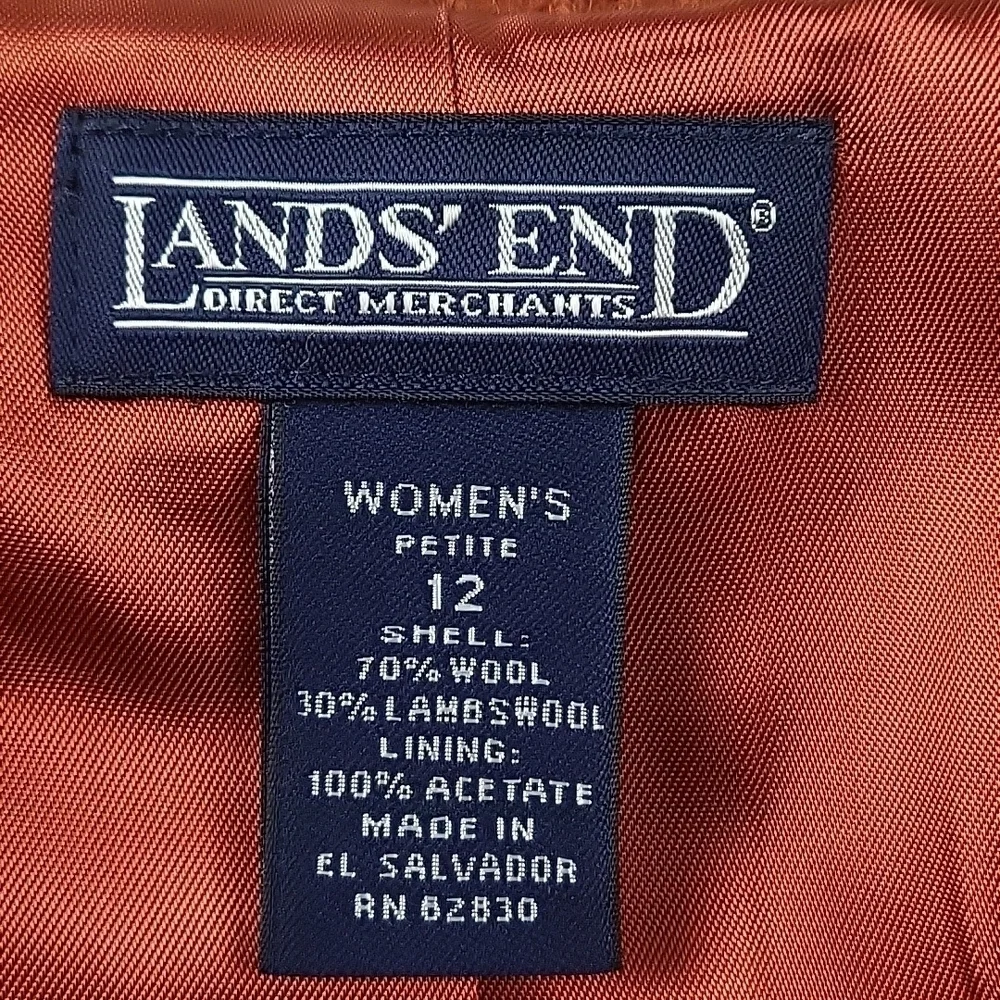 Lands End 100% Wool Tweed Burnt Orange Button Front Jacket Blazer